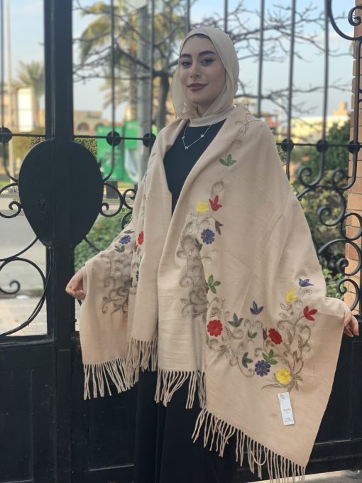 Beige Embroidered English Wool Shawl - Image 2