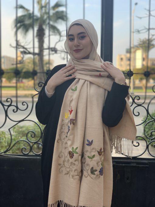Beige Embroidered English Wool Shawl - Image 4