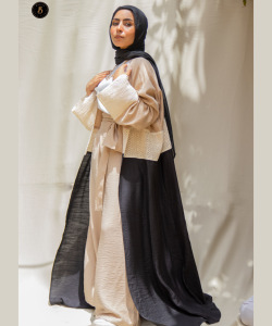 Beige & Black Linen Cardigan with Guipure Lace