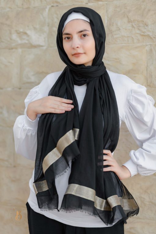 Black soft cotton scarf with golden trim. - Image 2