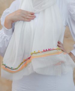 Off-white soft cotton scarf with colorful trim