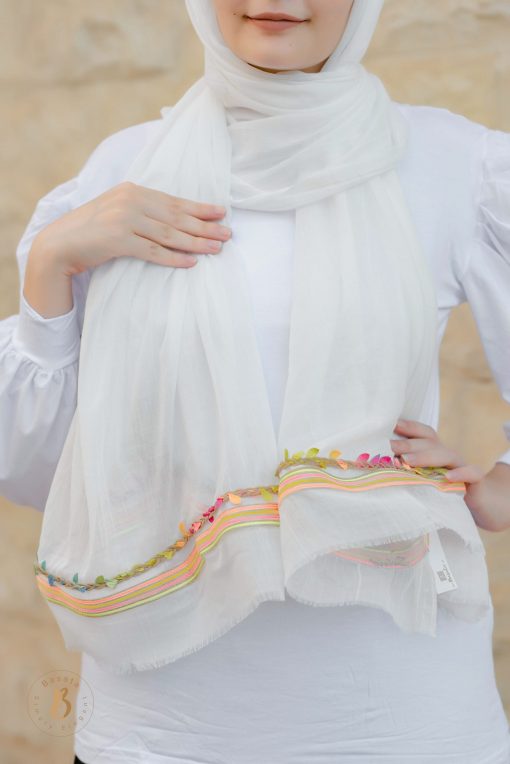 Off-white soft cotton scarf with colorful trim - Image 6