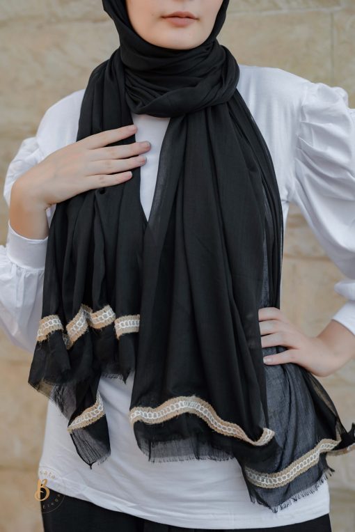 Black soft cotton scarf with burlap trim - Image 5