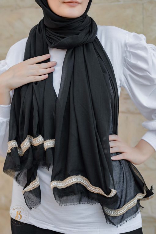 Black soft cotton scarf with burlap trim - Image 6