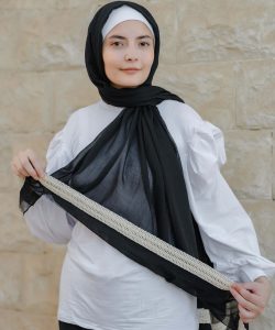 Black soft cotton scarf with beige cotton burlap trim