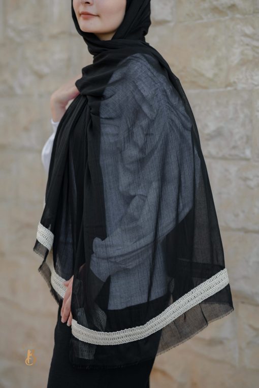 Black soft cotton scarf with beige cotton burlap trim - Image 3