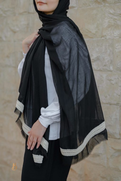 Black soft cotton scarf with beige cotton burlap trim - Image 4