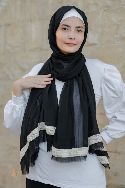 Black soft cotton scarf with beige cotton burlap trim - Image 5