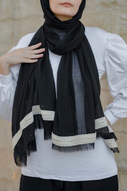 Black soft cotton scarf with beige cotton burlap trim - Image 6