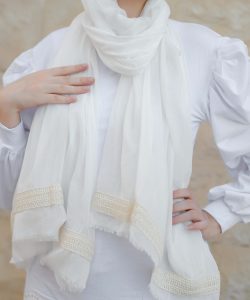 Off-white soft cotton scarf with beige burlap trim