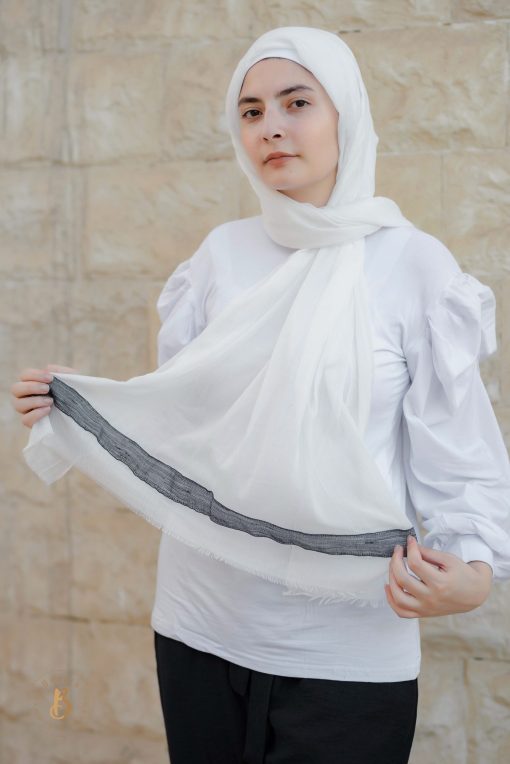 Off-white soft cotton scarf with black Indian trim - Image 2