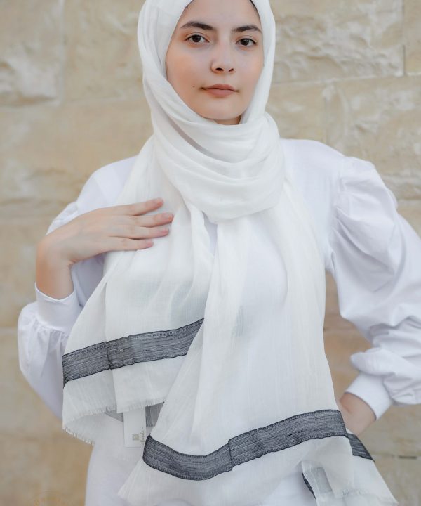 Off-white soft cotton scarf with black Indian trim