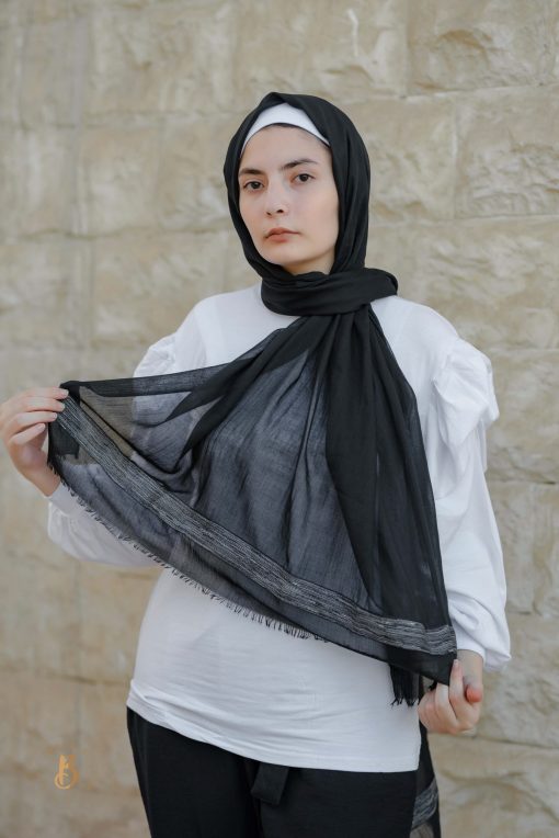 Black soft cotton scarf with black Indian trim - Image 3