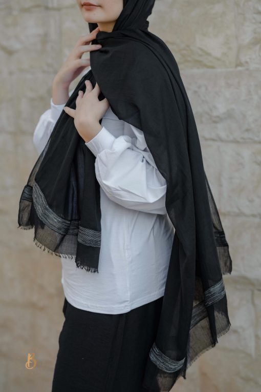 Black soft cotton scarf with black Indian trim - Image 4