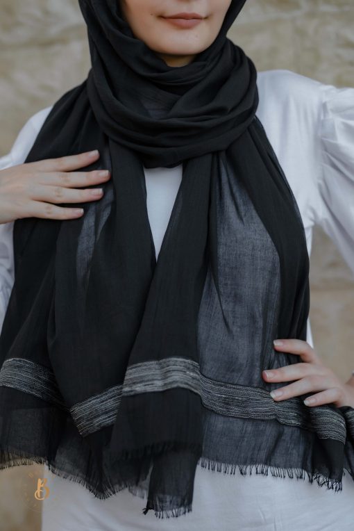 Black soft cotton scarf with black Indian trim - Image 2