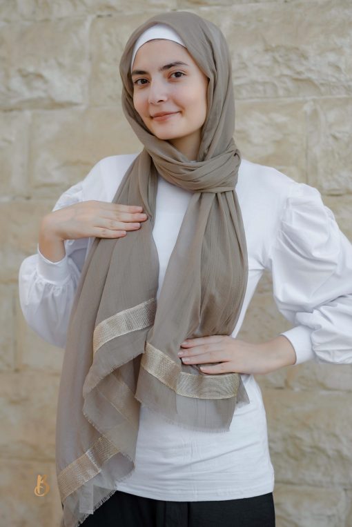 Coffee soft cotton scarf with golden trim - Image 3