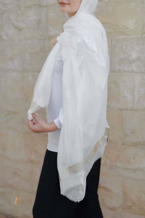 Off-white soft cotton scarf with golden trim - Image 3