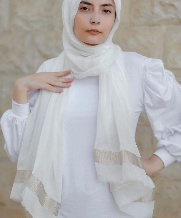 Off-white soft cotton scarf with golden trim
