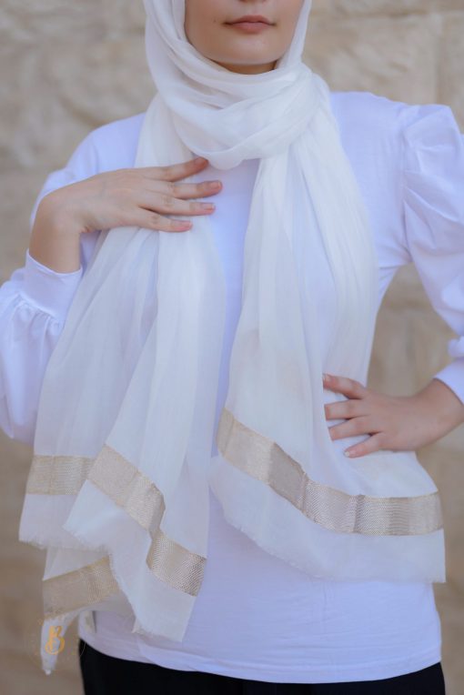 Off-white soft cotton scarf with golden trim - Image 5