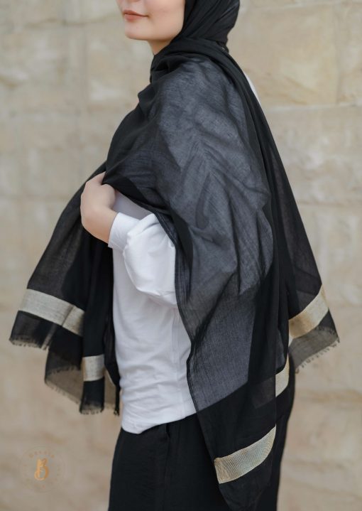 Black soft cotton scarf with golden trim. - Image 4