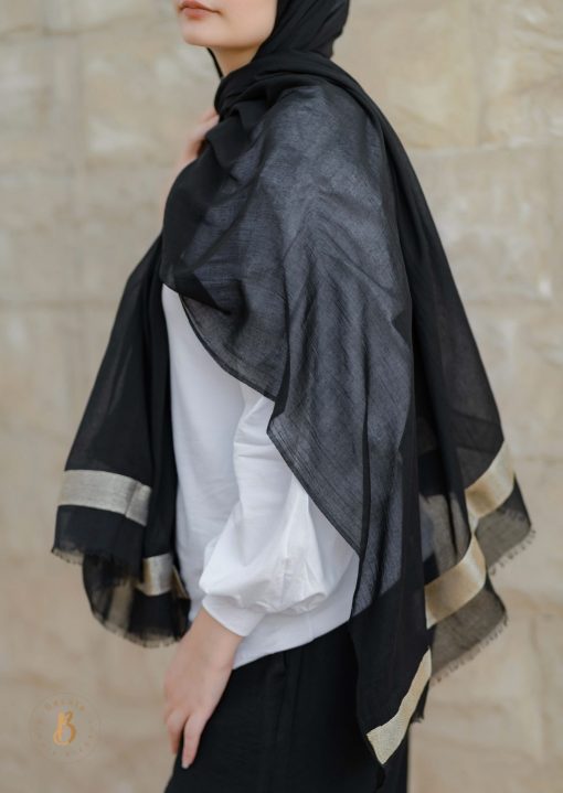 Black soft cotton scarf with golden trim. - Image 5