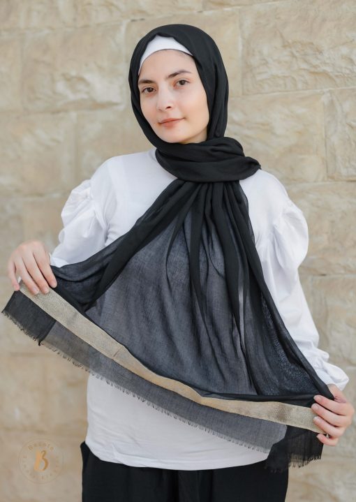 Black soft cotton scarf with golden trim. - Image 6