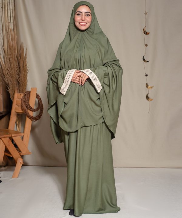 Olive  Cotton Viscose Khimar and Skirt Set