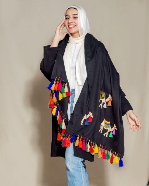 Camel Embroidered Wool Shawl handmade black