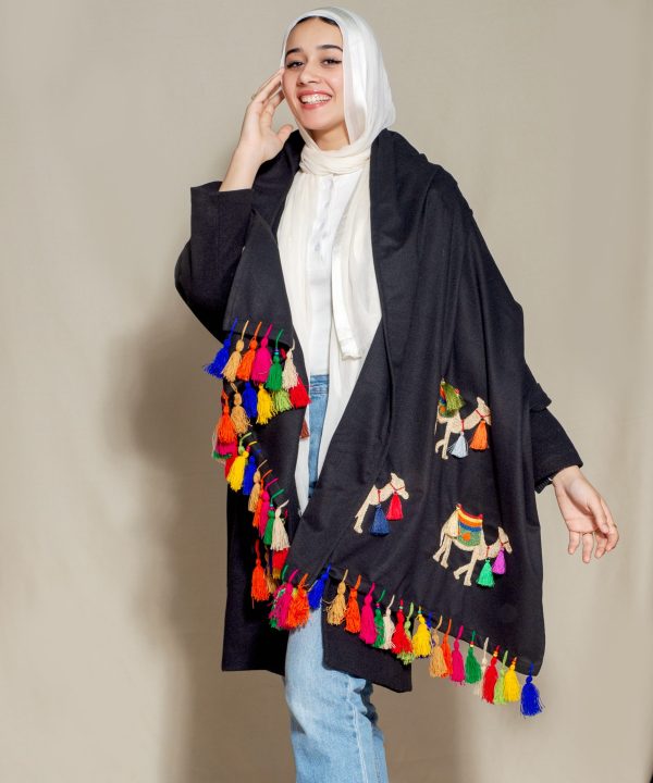 Camel Embroidered Wool Shawl handmade black