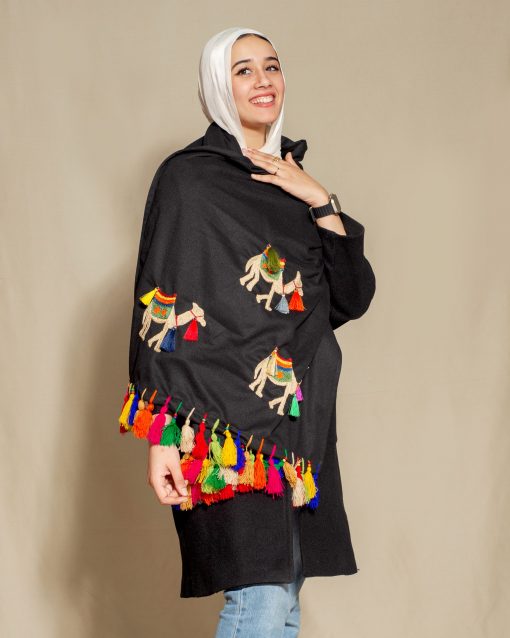 Camel Embroidered Wool Shawl handmade black - Image 2