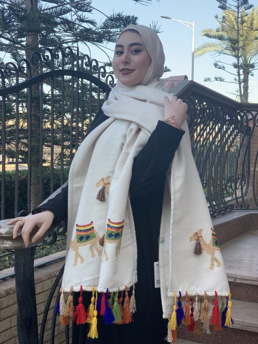 Camel Embroidered Wool Shawl handmade beige - Image 3