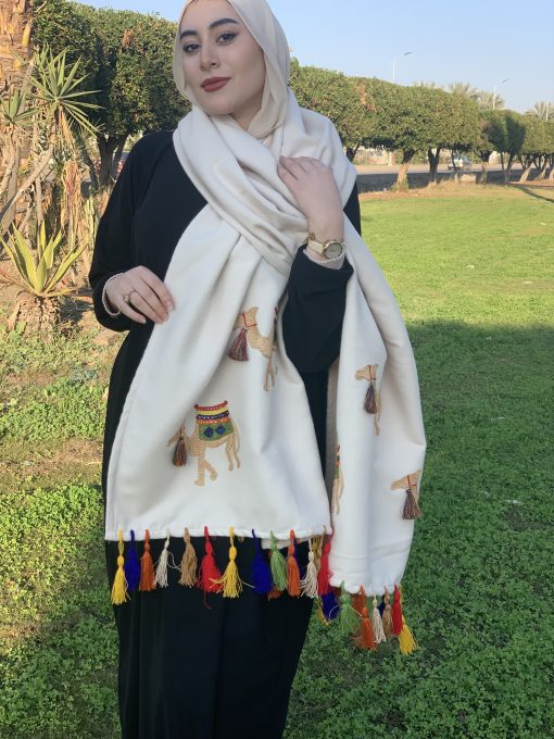 Camel Embroidered Wool Shawl handmade beige - Image 4