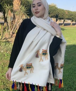 Camel Embroidered Wool Shawl handmade beige