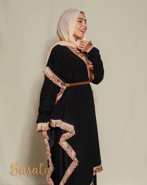 Trendy Velvet Dress with Tassel Sleeves and Embroidered Scarf - Image 3