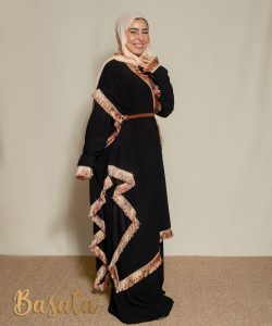 Trendy Velvet Dress with Tassel Sleeves and Embroidered Scarf