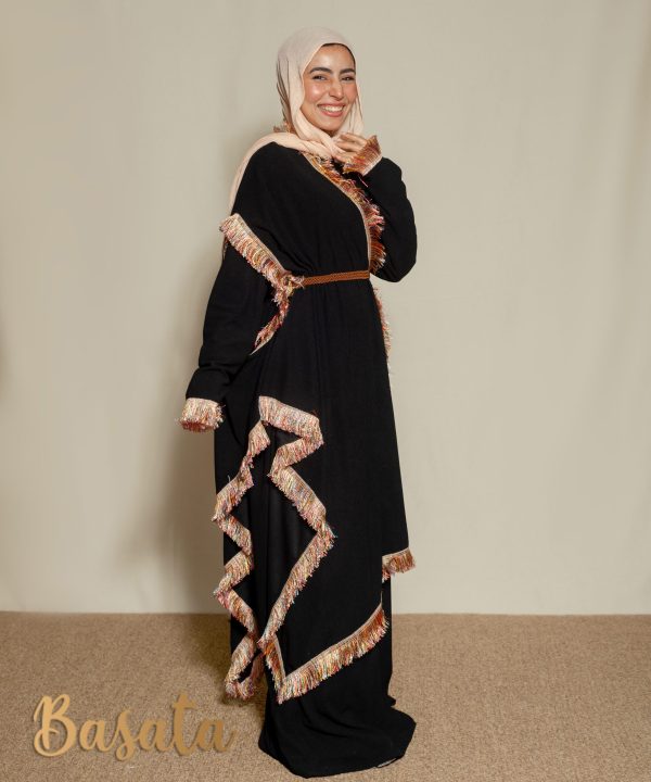 Trendy Velvet Dress with Tassel Sleeves and Embroidered Scarf