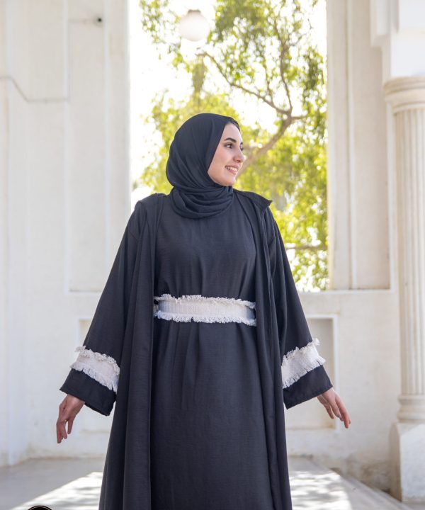 Back-Embroidered Raw Linen Abaya with Braided Cotton Trim +  Underpiece