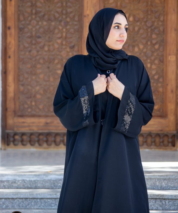 Silk Crepe Abaya with Shiny Trim and Separate Underdress