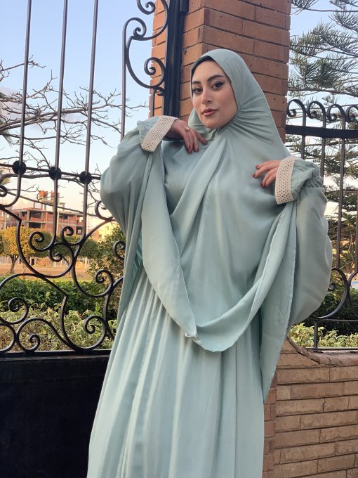 Mint green Cotton Viscose Khimar and Skirt Set - Image 8