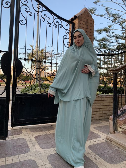 Mint green Cotton Viscose Khimar and Skirt Set - Image 9