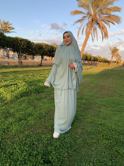 Mint green Cotton Viscose Khimar and Skirt Set - Image 10
