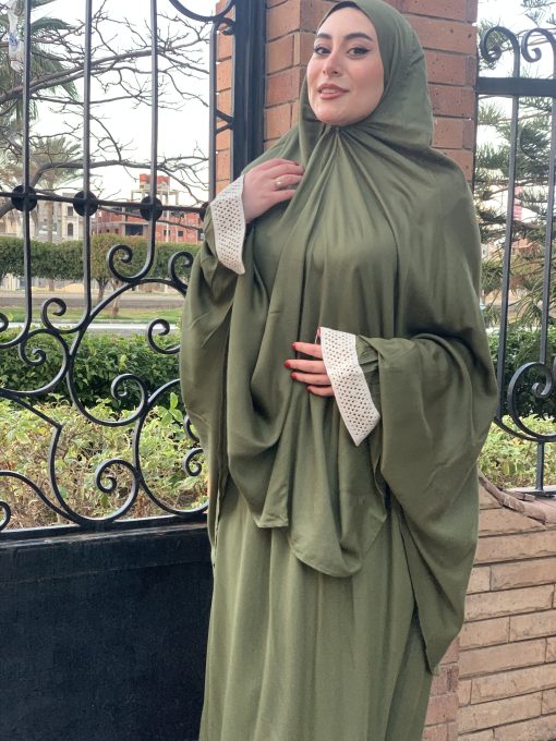 Olive  Cotton Viscose Khimar and Skirt Set - Image 3