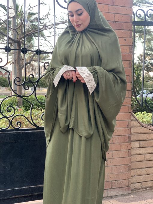 Olive  Cotton Viscose Khimar and Skirt Set - Image 4