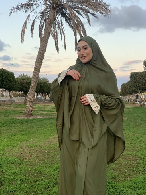 Olive  Cotton Viscose Khimar and Skirt Set - Image 5