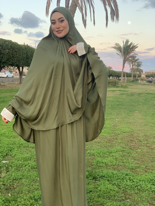 Olive  Cotton Viscose Khimar and Skirt Set - Image 6