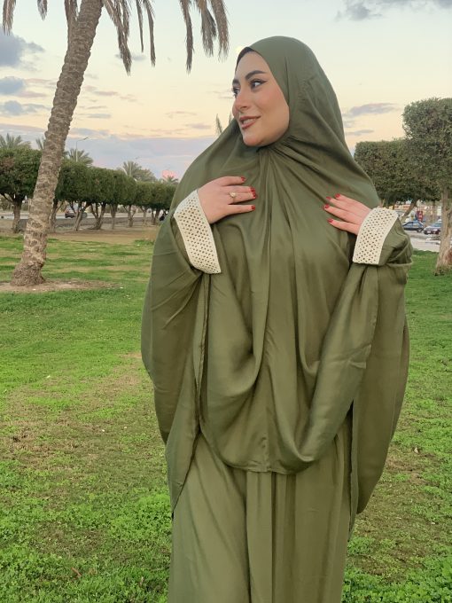 Olive  Cotton Viscose Khimar and Skirt Set - Image 7