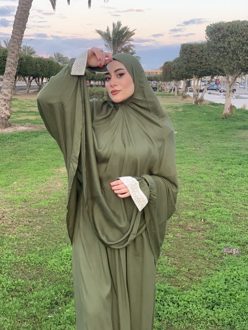 Olive  Cotton Viscose Khimar and Skirt Set - Image 8