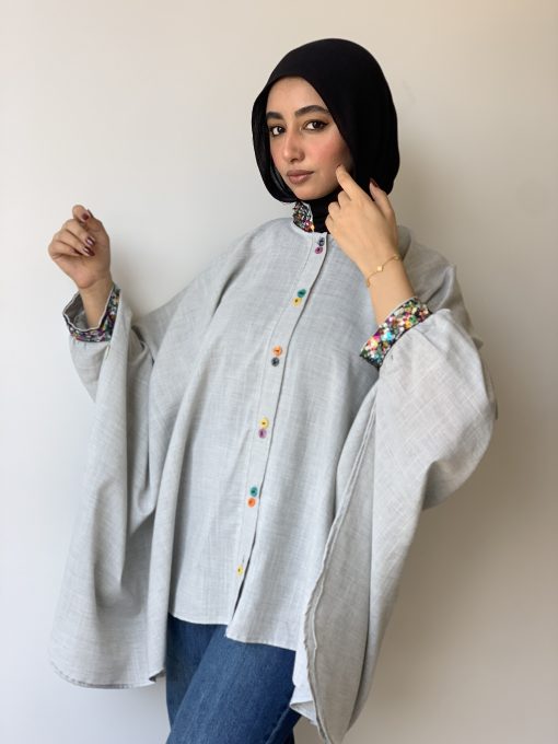 Grey Linen Blouse with Colorful Sequin Trim - Image 2