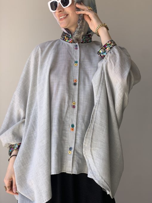 Grey Linen Blouse with Colorful Sequin Trim