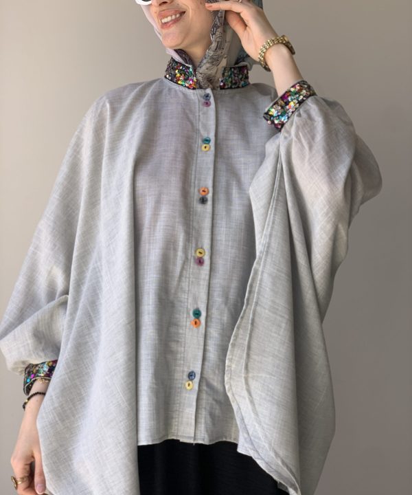 Grey Linen Blouse with Colorful Sequin Trim